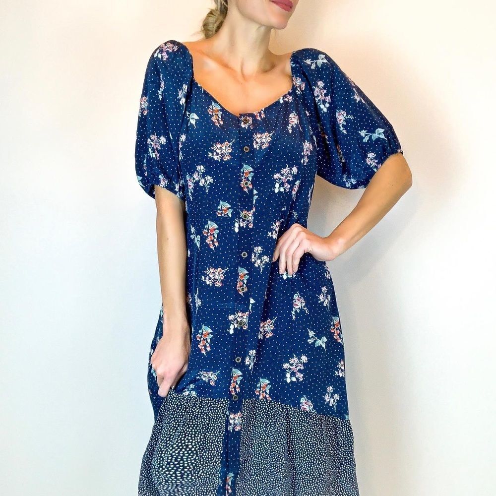 Navy mixed print puff sleeve prairie dress medium